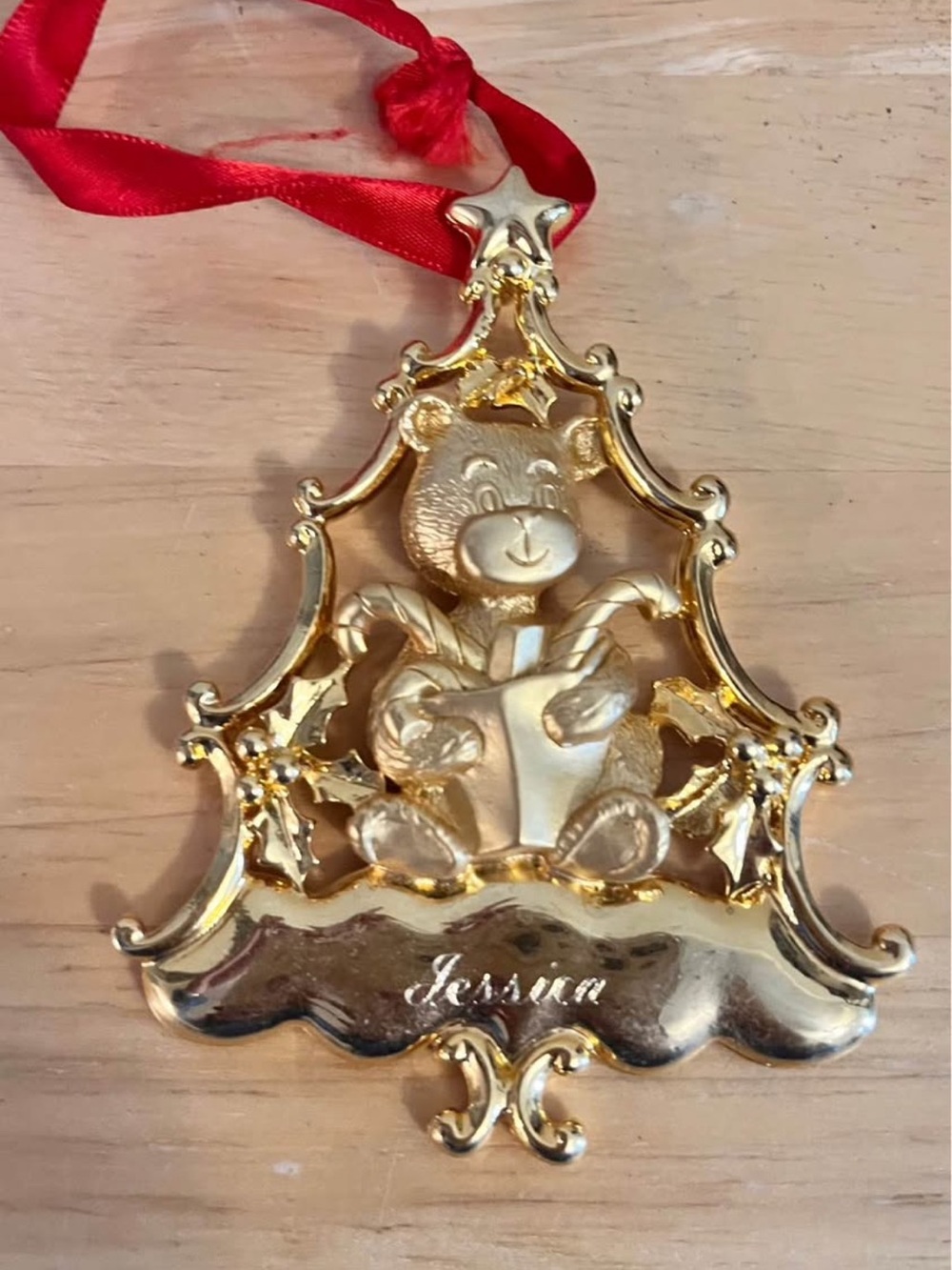 Gold Teddy Bear Holiday Ornament - Personalized Jessica